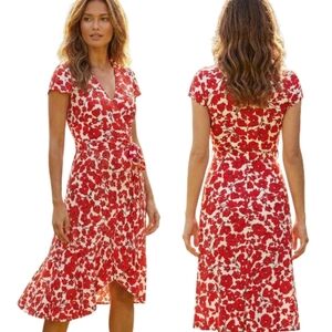 BARDOT "Fiesta" Red Poppy Print Faux Wrap Midi Dress - Size 6